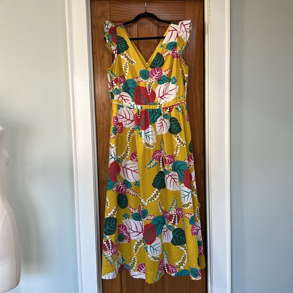 Boden Andrea Frill Sleeve Maxi/Midi Dress Yellow Pink Floral Fit Flare US 12R - Picture 4 of 12